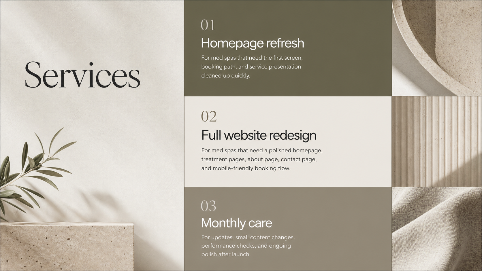 Services: homepage refresh, full website redesign, and monthly care.